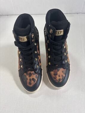 Trendy Guess Porcia Leopard Print High Top Sneakers 5M Gold Accents